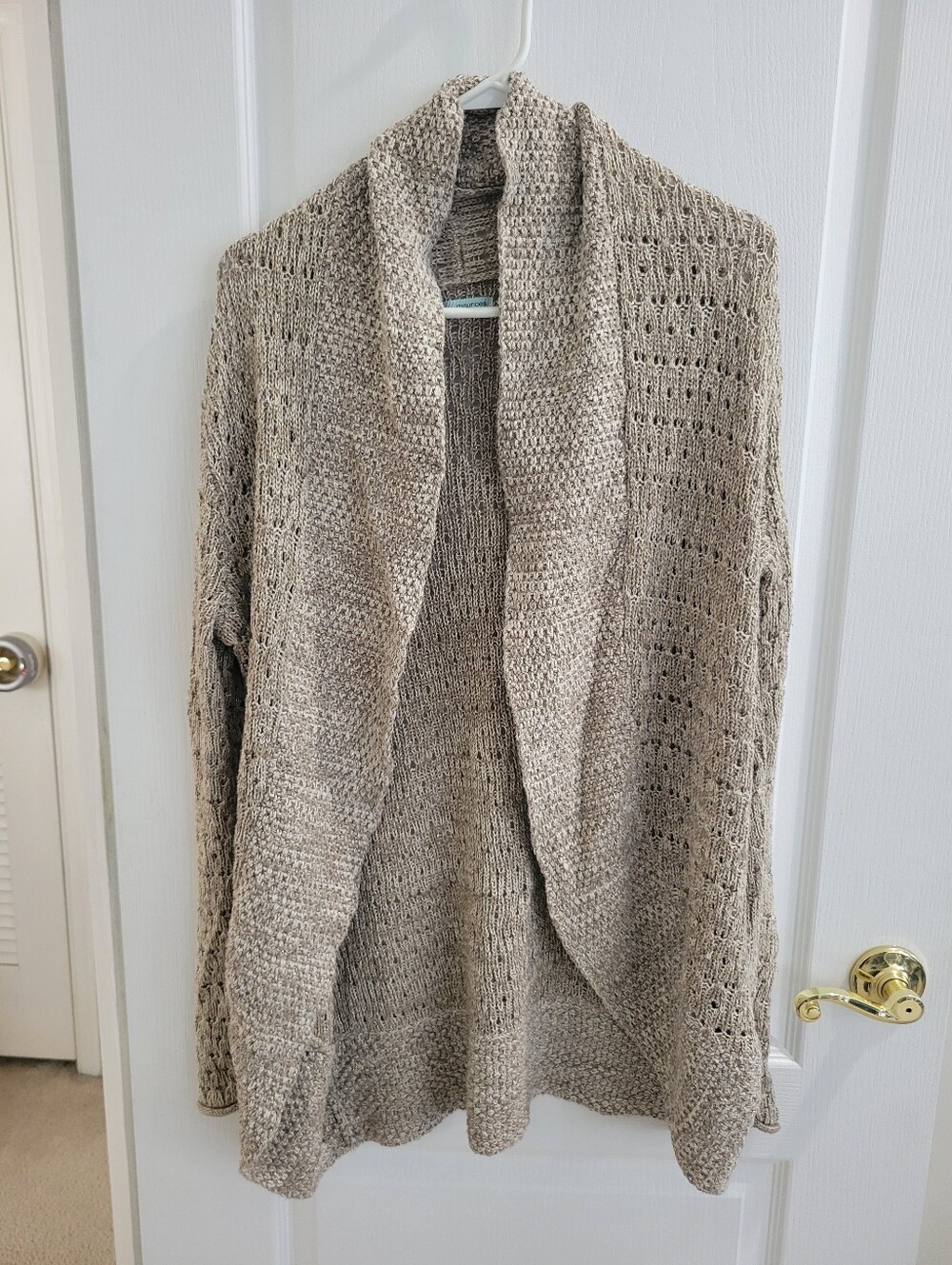 Maurices Womens Open Front Cardigan XL Beige Gold Metallic Crochet Knit Sweater